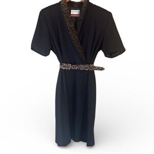 Vintage Kasper 8P Black Dress Leopard Trim Belted Career Work Dress Petite